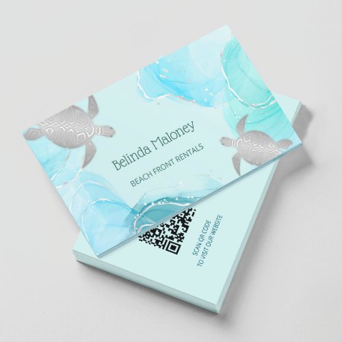 Silver Turtle Blue Ink Coastal QR Code Business Card