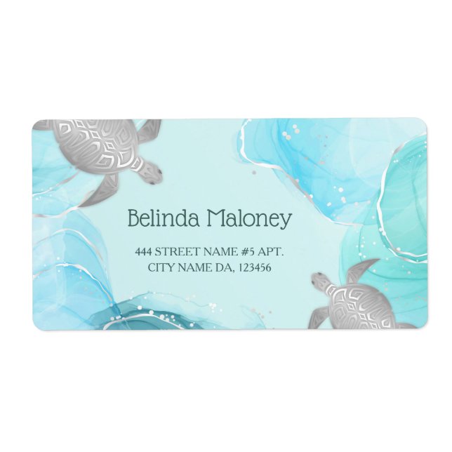 Silver Turtle Blue Ink Coastal QR Code Label (Front)