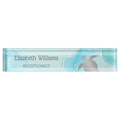 Silver Turtle Blue Marble Ink Coastal Desk Name Plate