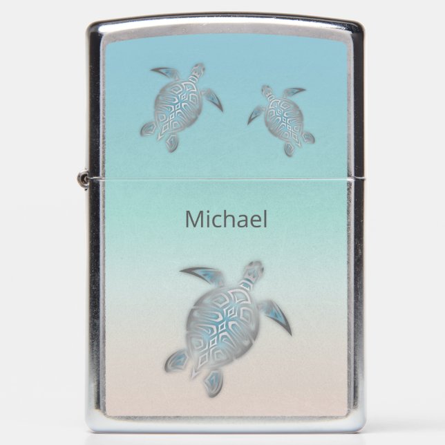 Silver Turtle Coastal Maritime Your Name Zippo Lighter (Front)