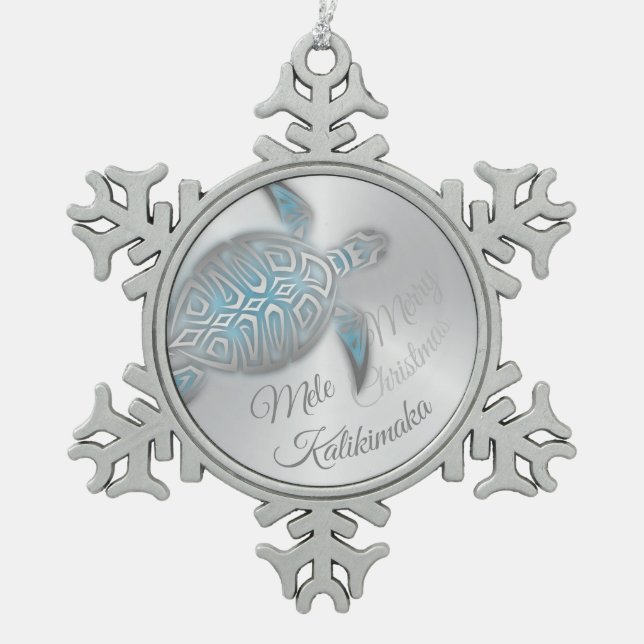 Silver Turtle | Mele Kalikimaka | Snowflake Pewter Christmas Ornament (Front)