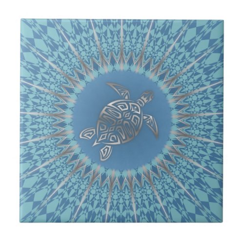 Silver Turtle Radiance  Tropical Mandala Ceramic Tile