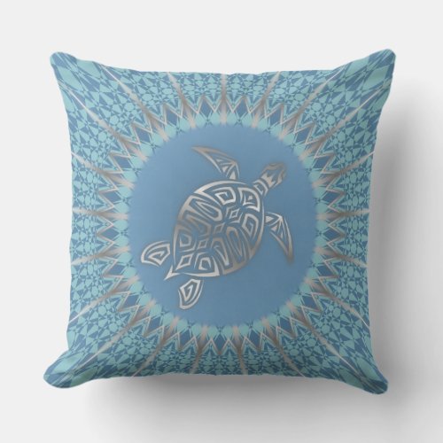Silver Turtle Radiance  Tropical Mandala Outdoor Pillow