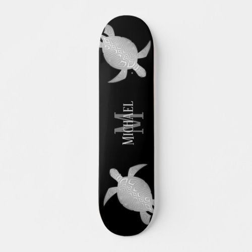 Silver Turtle Tribal Black Background Monogram Skateboard