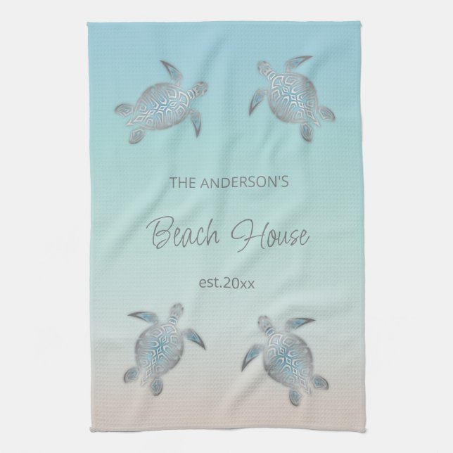 Silver Turtles Beach House Family Monogram Kitchen Towel (Vertical)
