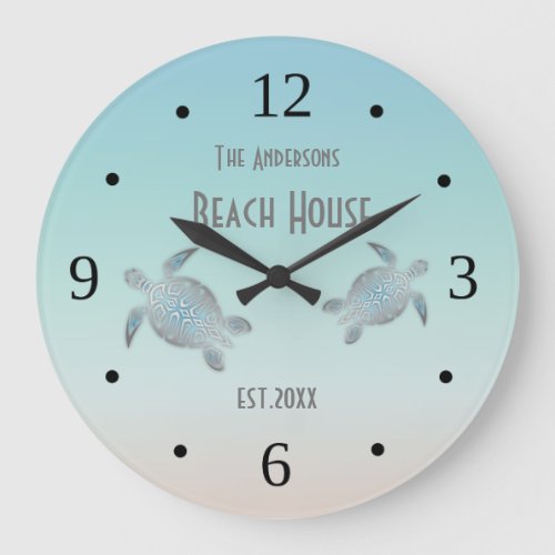 Silver Turtles Beach House Family Name Coastal Large Clock