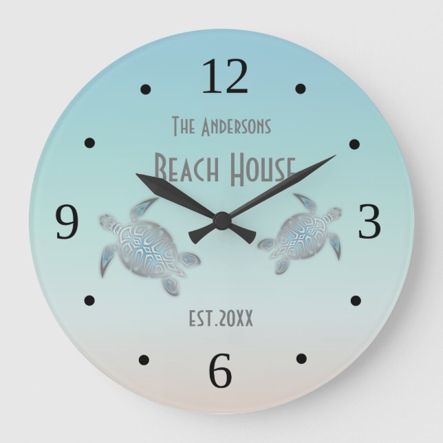 Silver Turtles Beach House Family Name Coastal Large Clock (Front)