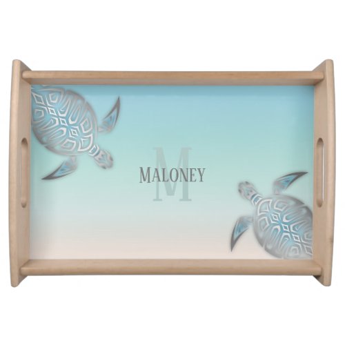 Silver Turtles Beach Style Monogram Your Name  Serving Tray