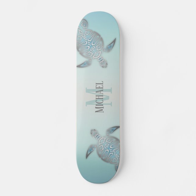 Silver Turtles Beach Style Monogram Your Name Skateboard (Front)