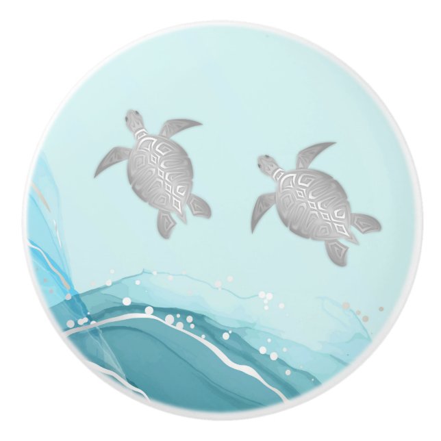 Silver Turtles Blue Ink Background | Coastal  Ceramic Knob (Front)