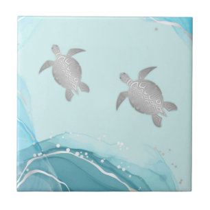Silver Turtles Blue Ink Background Coastal Ceramic Tile