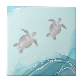 Silver Turtles Blue Ink Background | Coastal Ceramic Tile by NinaBaydur at Zazzle