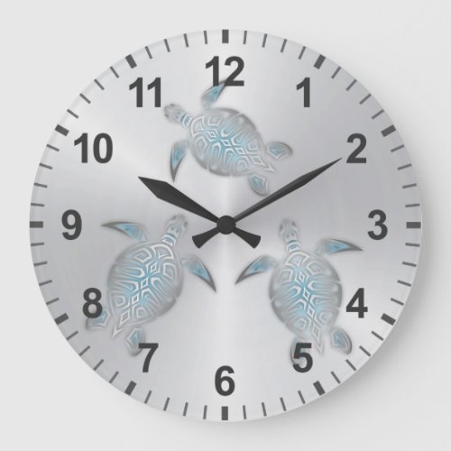 Silver Turtles Coastal Modern Numbers Large Clock
