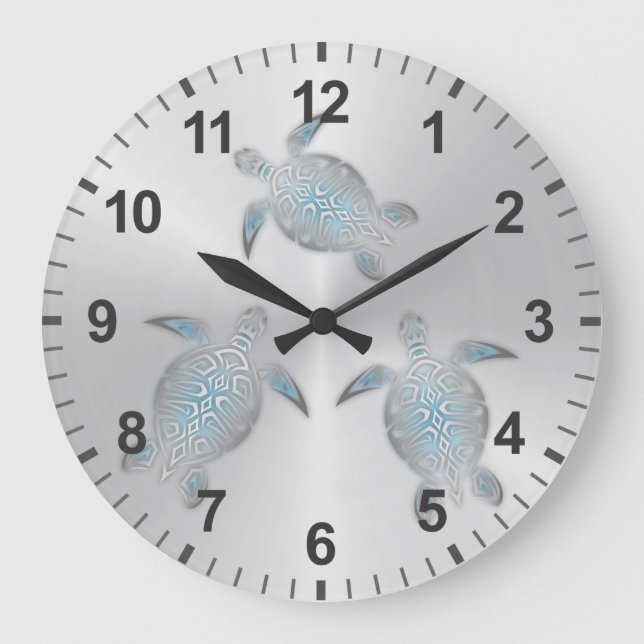 Silver Turtles Coastal Modern Numbers Large Clock (Front)