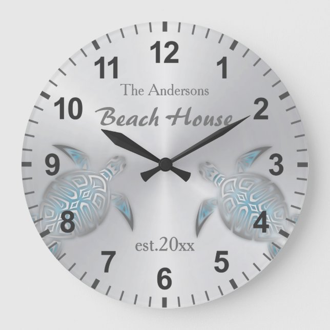 Silver Turtles Family Name Coastal  Large Clock (Front)