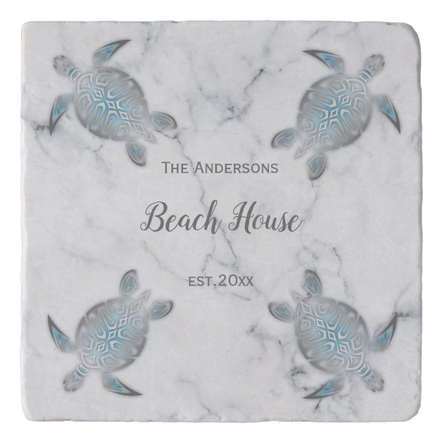 Silver Turtles Gray Marble Family Monogram  Trivet (Front)