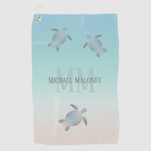 Silver Turtles Initials Your Name Turquoise Beige Golf Towel