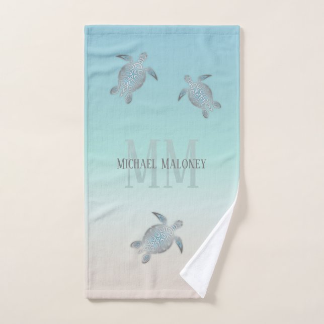 Silver Turtles Initials Your Name Turquoise Beige  Hand Towel (Hand Towel)