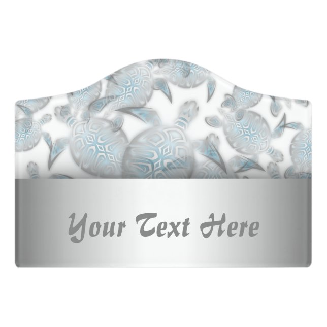 Silver Turtles  Pattern Coastal Bathroom Door Sign (Small Crest Front)