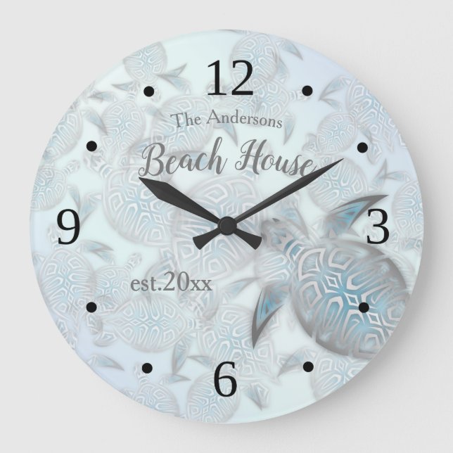 Silver Turtles Pattern Family Name Coastal  Large Clock (Front)