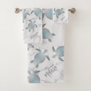 Silver Turtles Pattern Marble Bath Towel Set