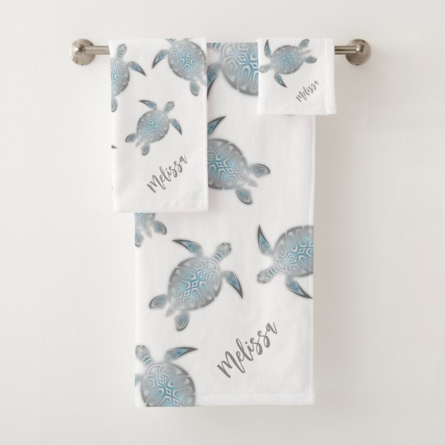 Silver Turtles Pattern White Coastal Bath Towel Set (Insitu)