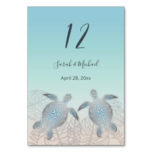 Silver Turtles Tropical Leaves Beach Wedding  Table Number