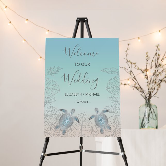 Silver Turtles Turquoise | Beach Wedding Welcome Foam Board (In Situ (Stand))