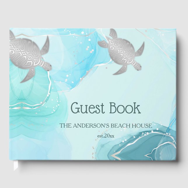 Silver Turtles Turquoise Ink Coastal House Guest Book (Front)