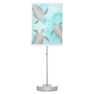 Silver Turtles Turquoise Ink Marble Coastal Table Lamp
