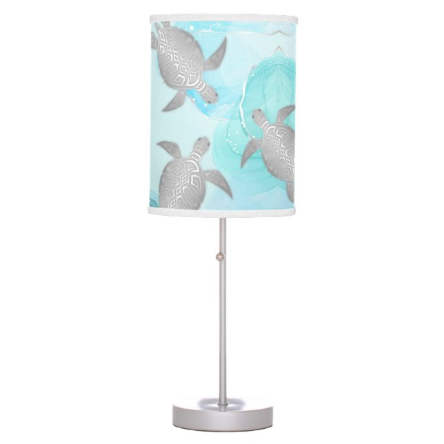 Silver Turtles Turquoise Ink Marble Coastal Table Lamp (Front)