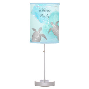 Silver Turtles Turquoise Ink Marble Family Name  Table Lamp