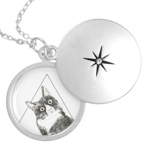 silver tuxedo cat minimalist elegant clean design locket necklace