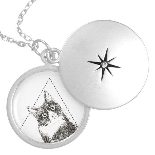 silver tuxedo cat minimalist elegant clean design locket necklace (Front)