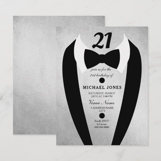 Silver Tuxedo Mens 21st Birthday Party Invite (Front/Back)
