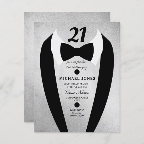 Silver Tuxedo Mens 21st Birthday Party Invite