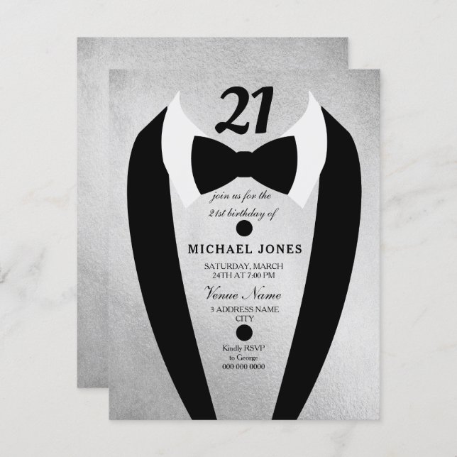 Silver Tuxedo Mens 21st Birthday Party Invite (Front/Back)