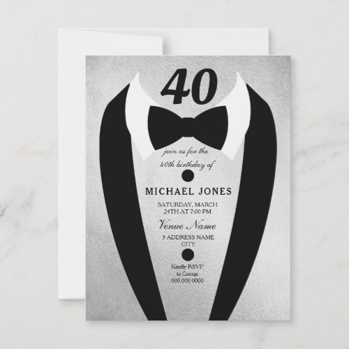 Silver Tuxedo Mens 40th Birthday Party Invite