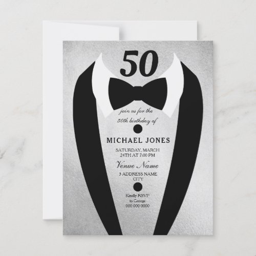 Silver Tuxedo Mens 50th Birthday Party Invitation