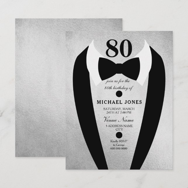 Silver Tuxedo Mens 80th Birthday Party Invite (Front/Back)