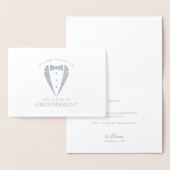 Silver Tuxedo Suit Personalized Groomsman Proposal Foil Card (Display)