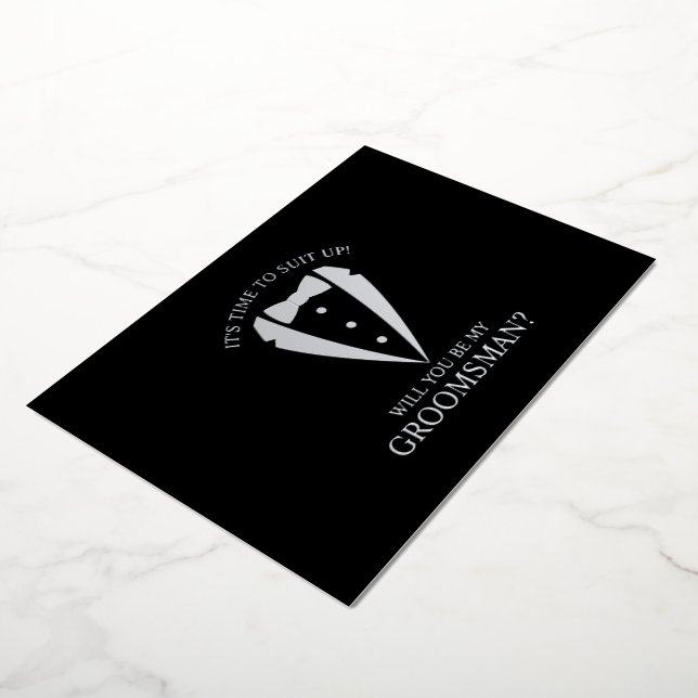 Silver Tuxedo Suit Personalized Groomsman Proposal Foil Invitation (Rotated)