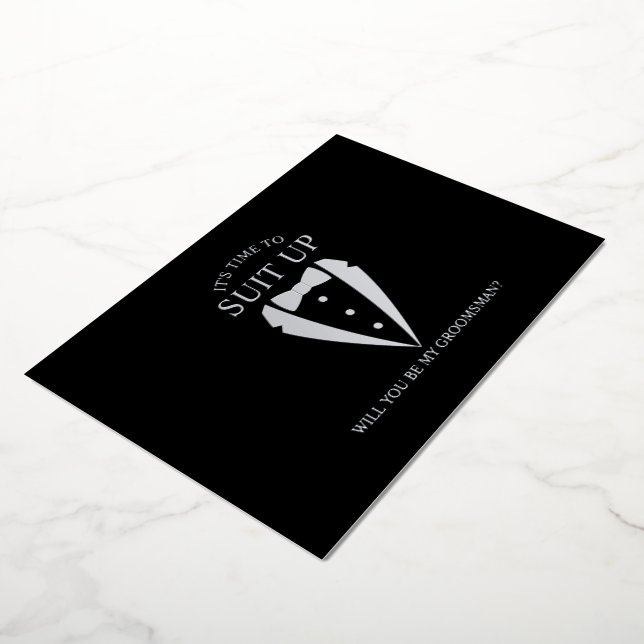 Silver Tuxedo Suit Personalized Groomsman Proposal Foil Invitation (Rotated)