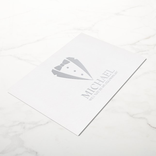Silver Tuxedo Suit Personalized Groomsman Proposal Foil Invitation (Rotated)