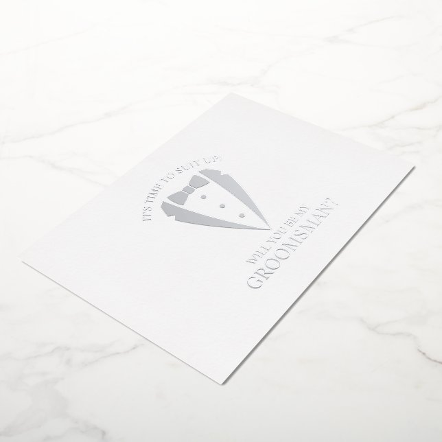 Silver Tuxedo Suit Personalized Groomsman Proposal Foil Invitation (Rotated)