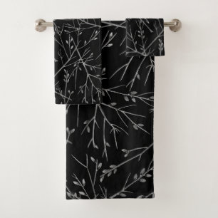 Silver Twigs on Black Bath Towel Set