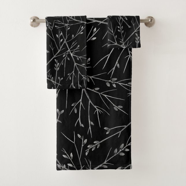 Silver Twigs on Black Bath Towel Set (Insitu)