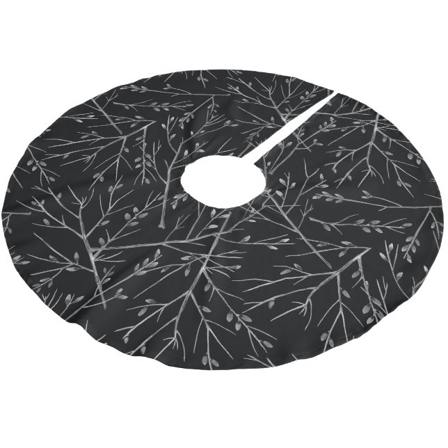 Silver Twigs on Black Brushed Polyester Tree Skirt (Angled)