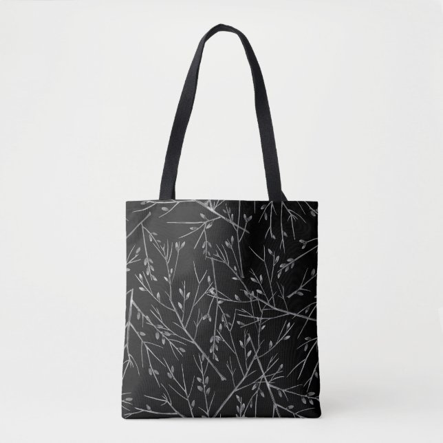 Silver Twigs on Black Tote Bag (Front)