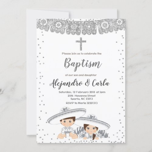 Silver Twin Boy and Girl Baptism Invitation